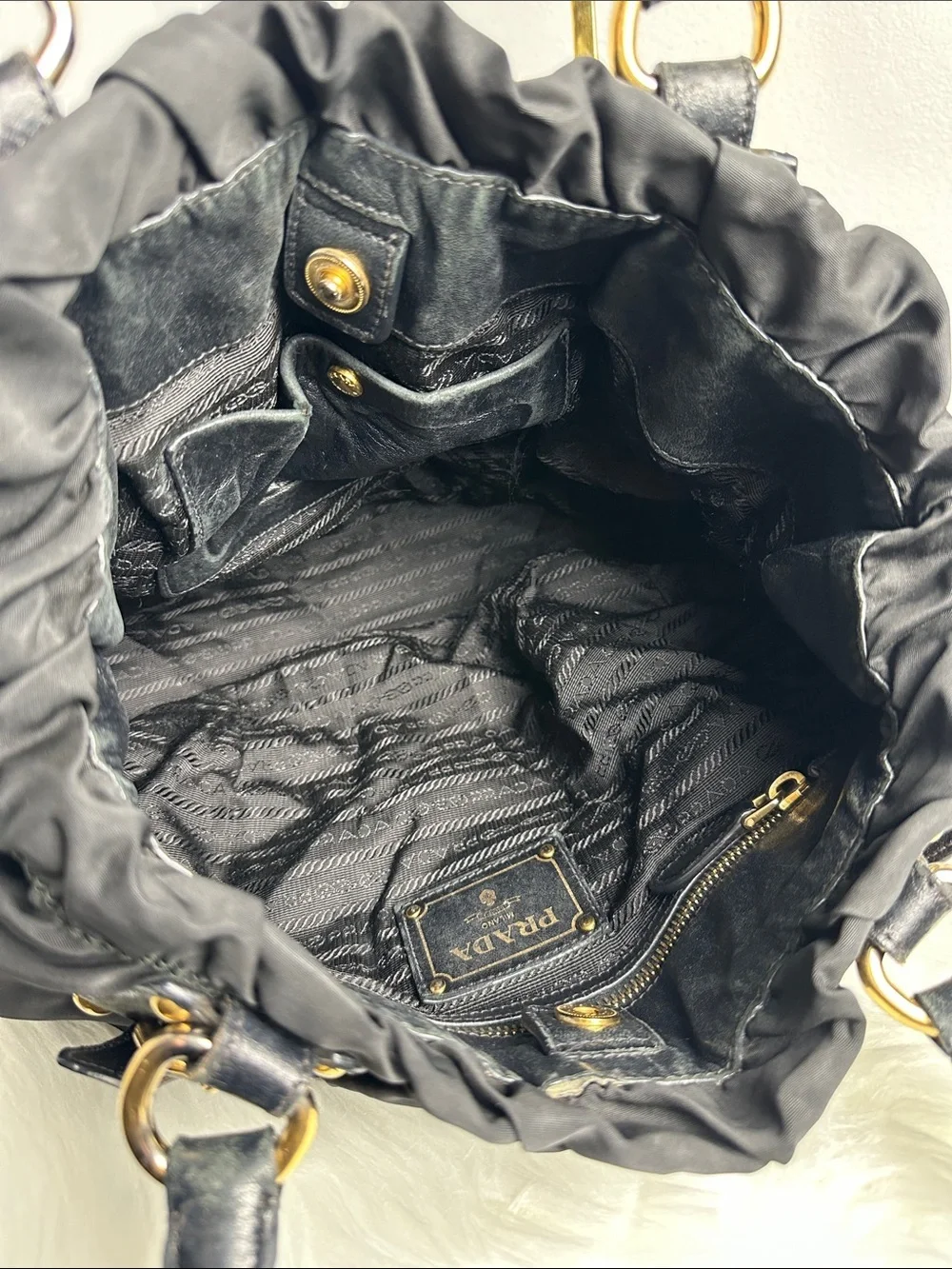💯Authentic Prada Tessuto Nylon Gathered Satchel Shoulder Bag Black🍀